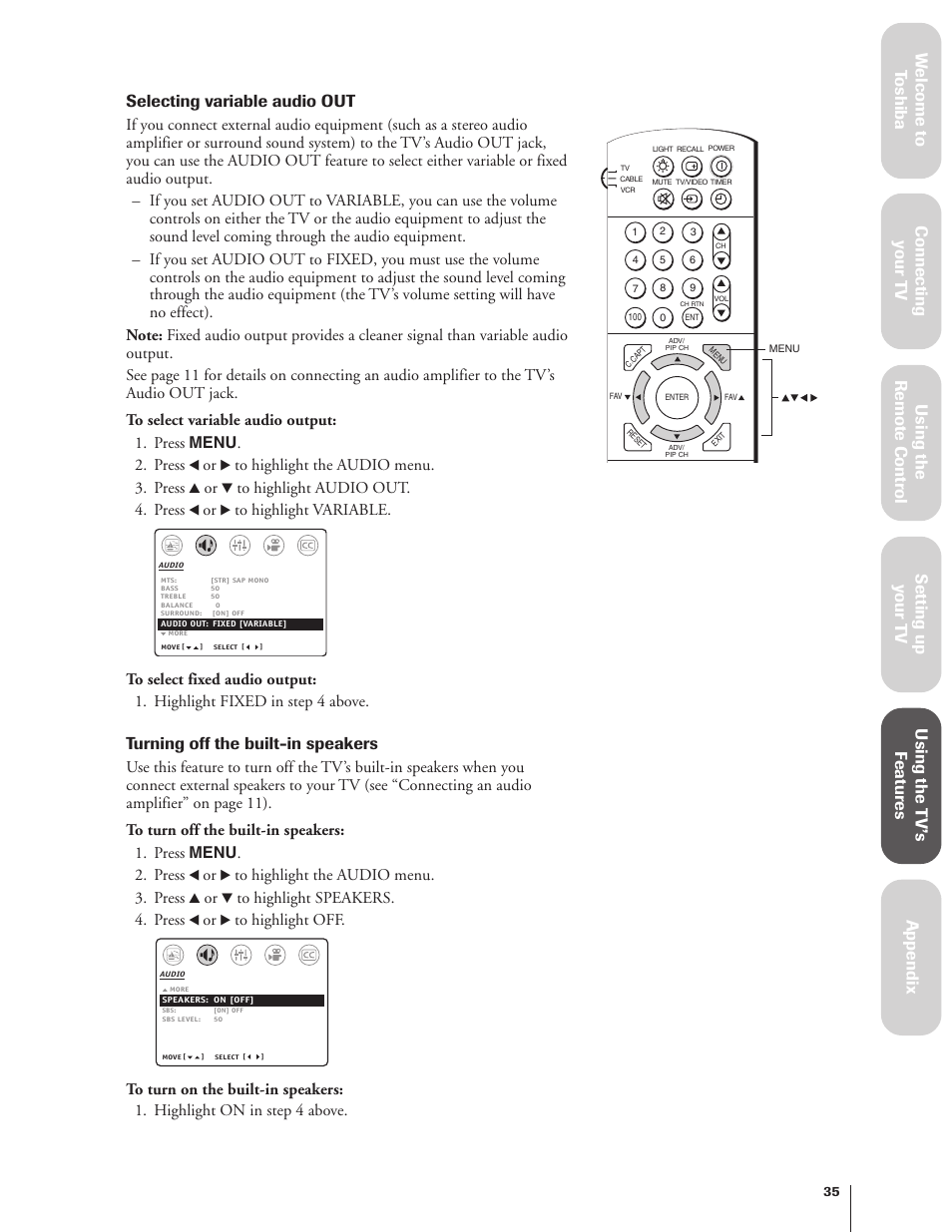 Selecting variable audio out, Turning off the built-in speakers | Toshiba 27AF62 User Manual | Page 35 / 41