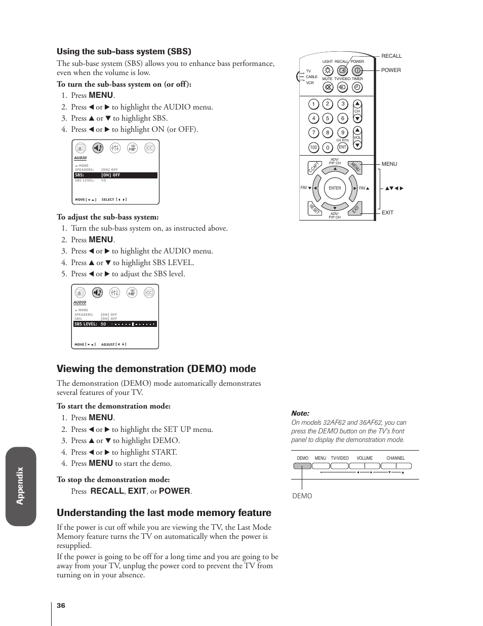 Viewing the demonstration mode, Viewing the demonstration (demo) mode, Appendix | Using the sub-bass system (sbs) | Toshiba 27AF62 User Manual | Page 36 / 41