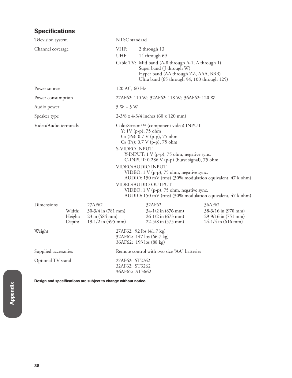 Specifications | Toshiba 27AF62 User Manual | Page 38 / 41