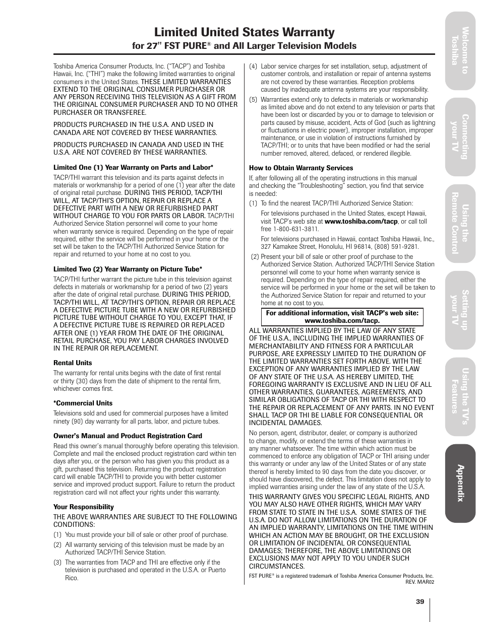 Warranty, Limited united states warranty | Toshiba 27AF62 User Manual | Page 39 / 41