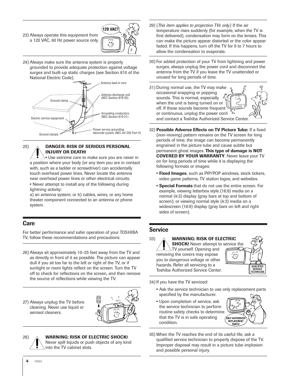 Care, Service | Toshiba 27AF62 User Manual | Page 4 / 41