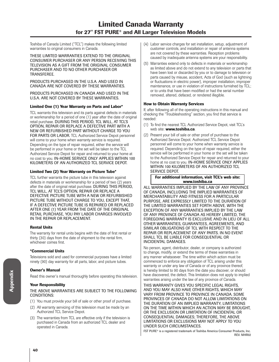 Limited canada warranty, For 27'' fst pure, And all larger television models | Toshiba 27AF62 User Manual | Page 40 / 41