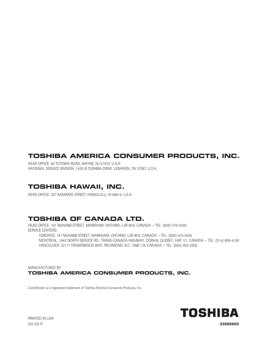 Back cover, Toshiba of canada ltd, Toshiba hawaii, inc | Toshiba america consumer products, inc | Toshiba 27AF62 User Manual | Page 41 / 41