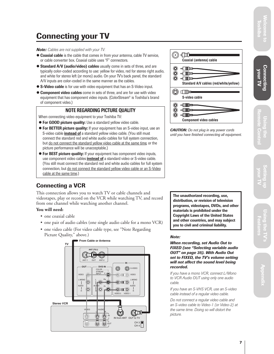 Connecting your tv, Connecting a vcr | Toshiba 27AF62 User Manual | Page 7 / 41