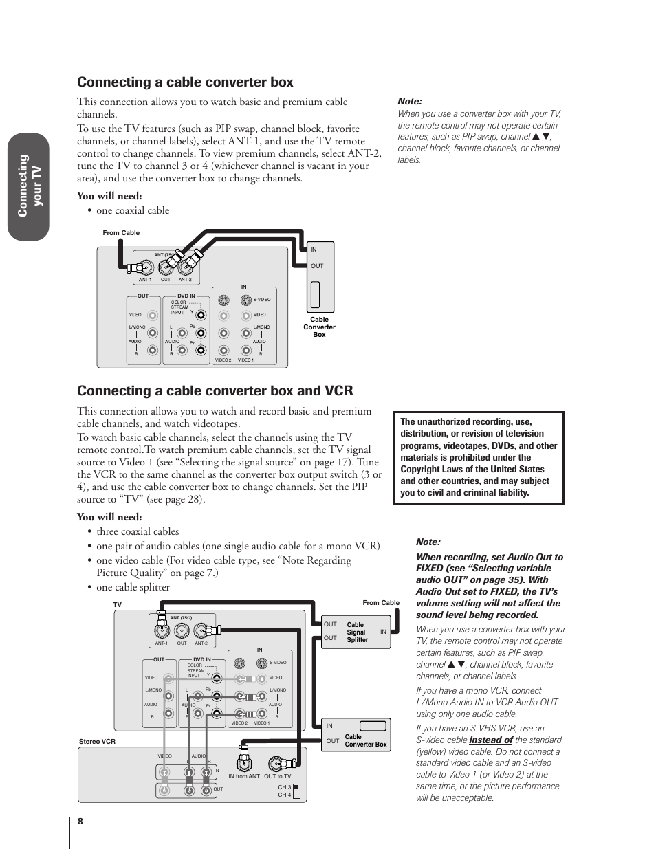 Cable converter box / and vcr, Connecting a cable converter box, Connecting a cable converter box and vcr | Connecting y our t v | Toshiba 27AF62 User Manual | Page 8 / 41