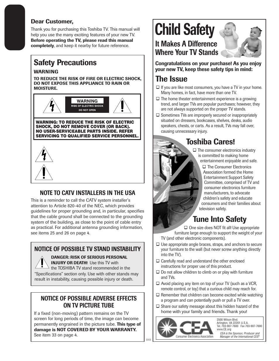Child safety, It makes a difference where your tv stands, The issue | Toshiba cares, Tune into safety, Safety precautions, Notice of possible tv stand instability | Toshiba 27A33 User Manual | Page 2 / 32