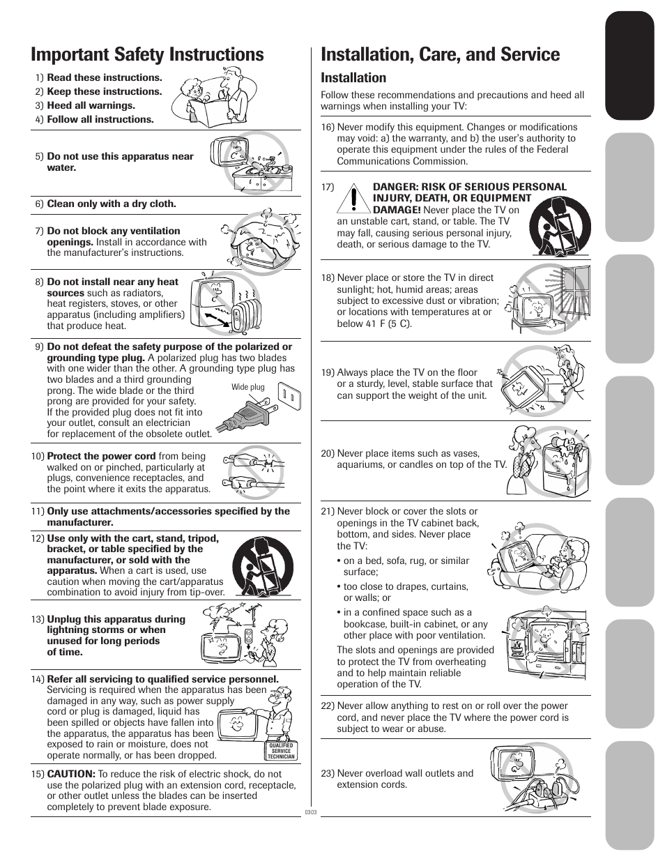 Installation, care, and service, Important safety instructions, Installation | Toshiba 27A33 User Manual | Page 3 / 32