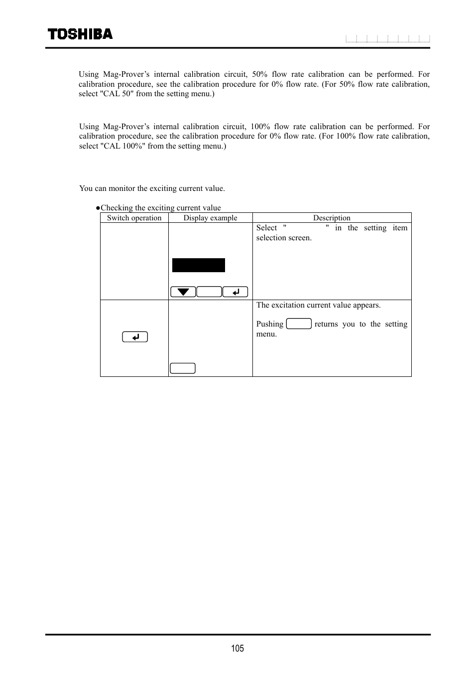 3 100 % flow rate calibration (span calibration), 4 checking the excitation current | Toshiba LF516 User Manual | Page 106 / 157