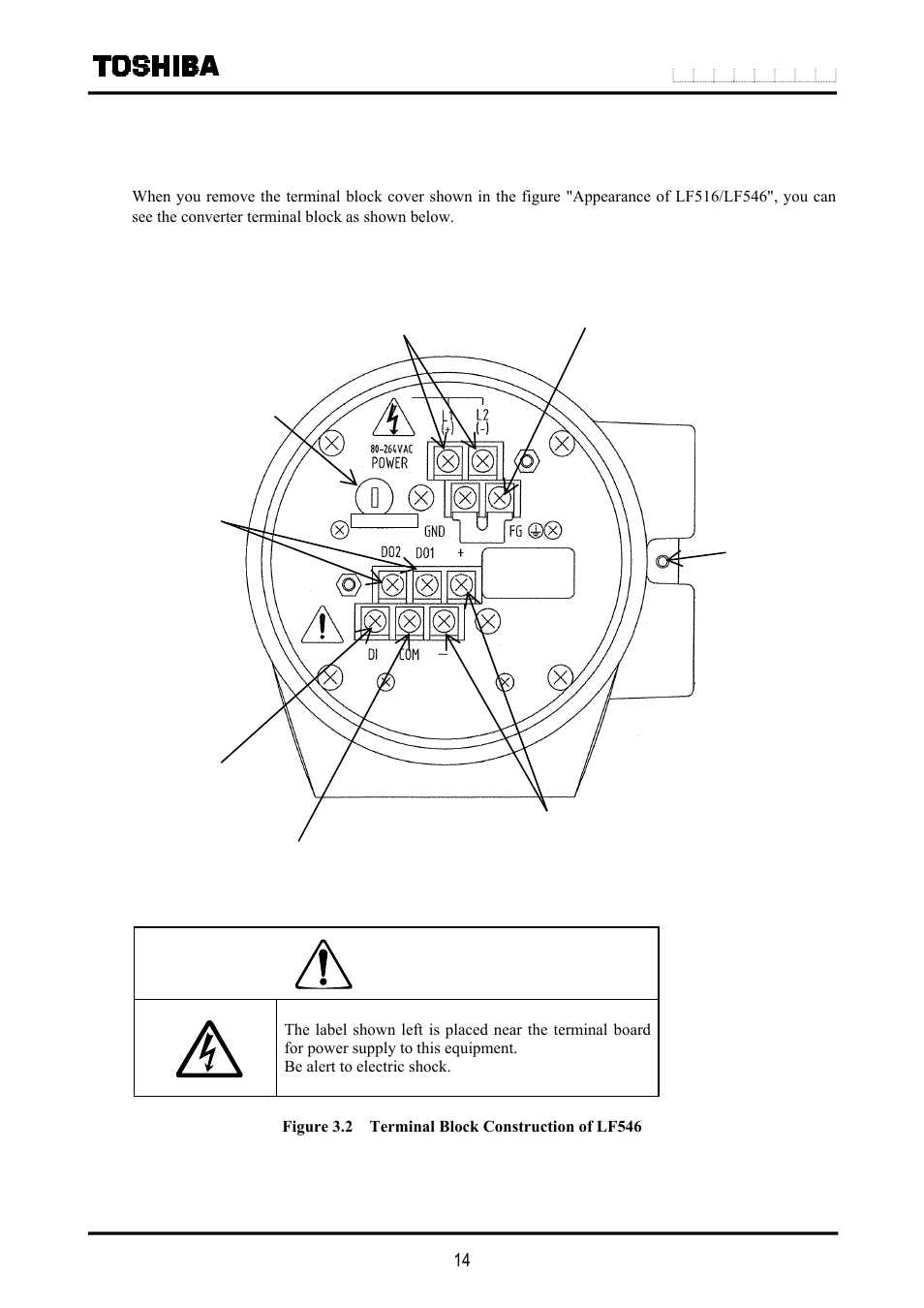 Caution, 2 construction of the terminal blocks, Terminal block construction of lf546 converter | Toshiba LF516 User Manual | Page 15 / 157