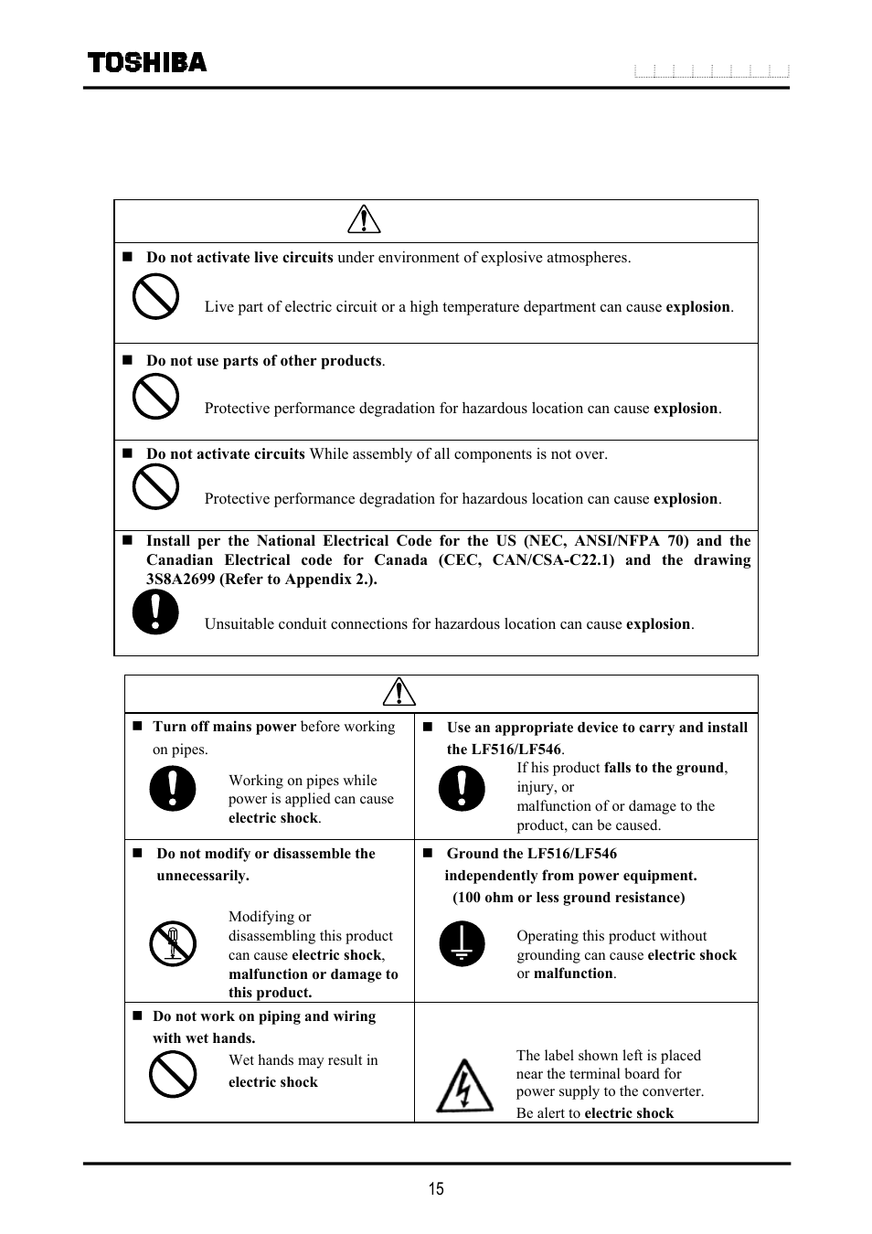 Installation, Caution, Safety precautions for installation | Toshiba LF516 User Manual | Page 16 / 157