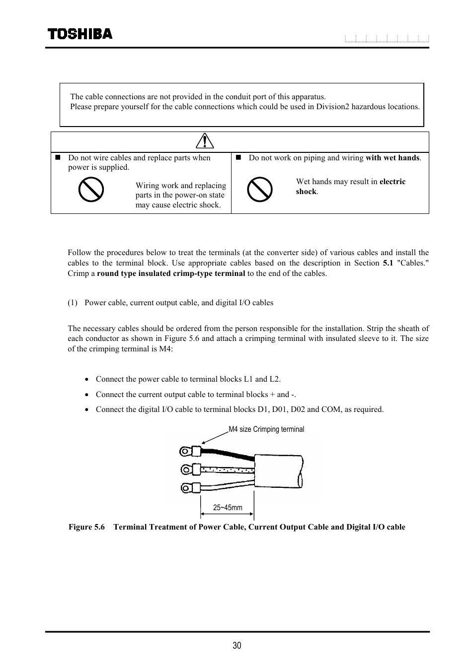 Caution, 4 wiring, 1 terminal treatment of cables | Toshiba LF516 User Manual | Page 31 / 157