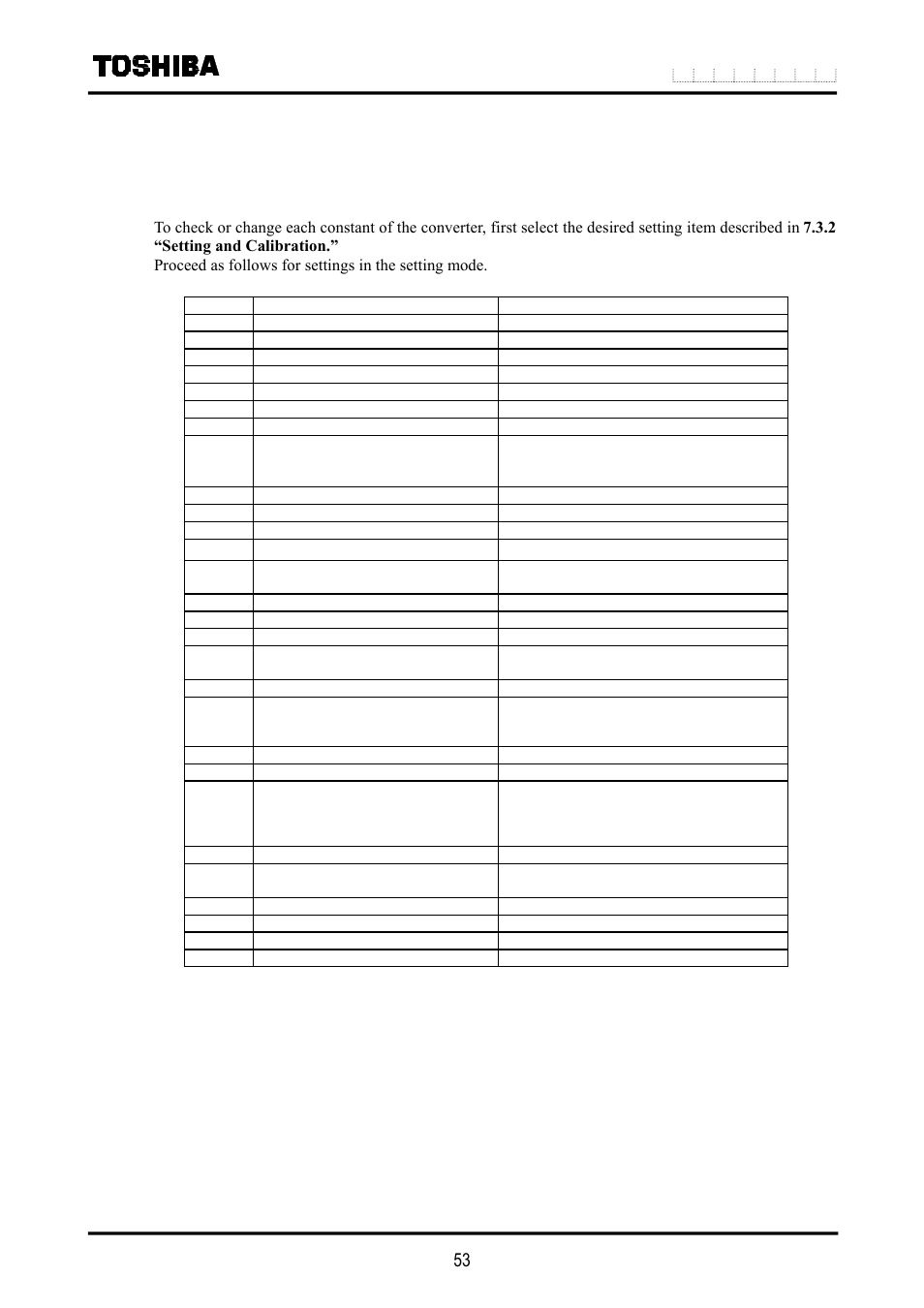 Parameter settings, 1 parameter setting items | Toshiba LF516 User Manual | Page 54 / 157
