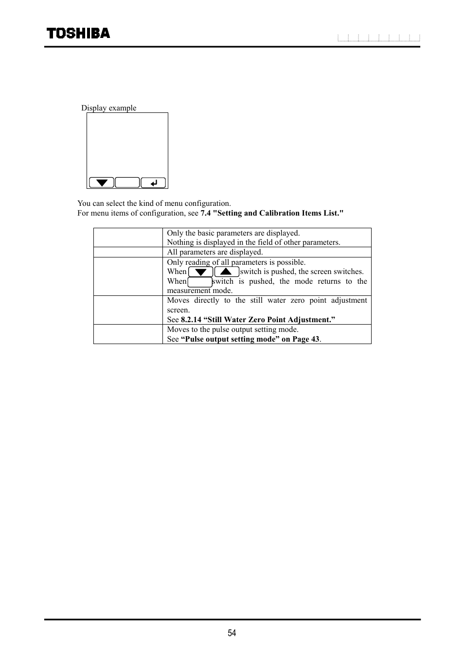 2 check/change of parameters, 1 menu configuration selection screen | Toshiba LF516 User Manual | Page 55 / 157