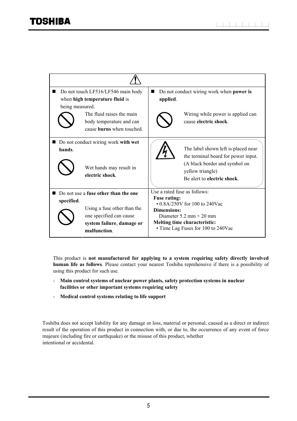 Safety precautions (continued), Caution, Safety precautions for maintenance and inspection | Usage limitation, Warranty and limitation of liability | Toshiba LF516 User Manual | Page 6 / 157