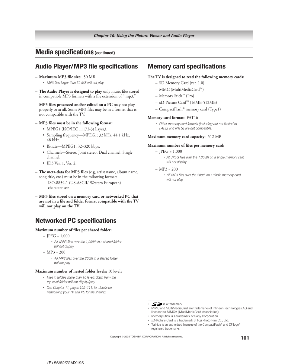 Media specifications, Audio player/mp3 file specifications, Networked pc specifications | Toshiba 62MX195 User Manual | Page 101 / 136