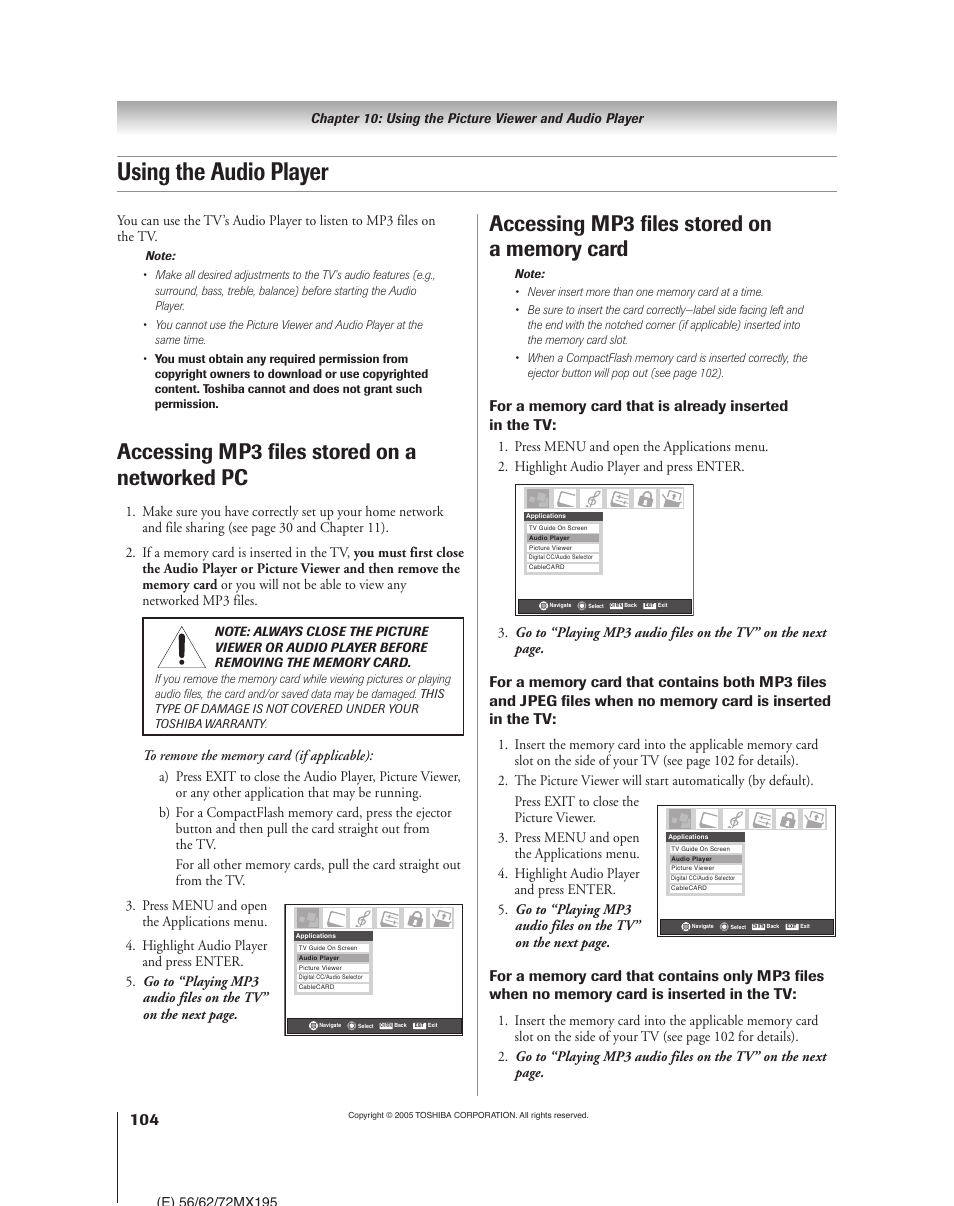 Using the audio player, Accessing mp3 files stored on a networked pc | Toshiba 62MX195 User Manual | Page 104 / 136