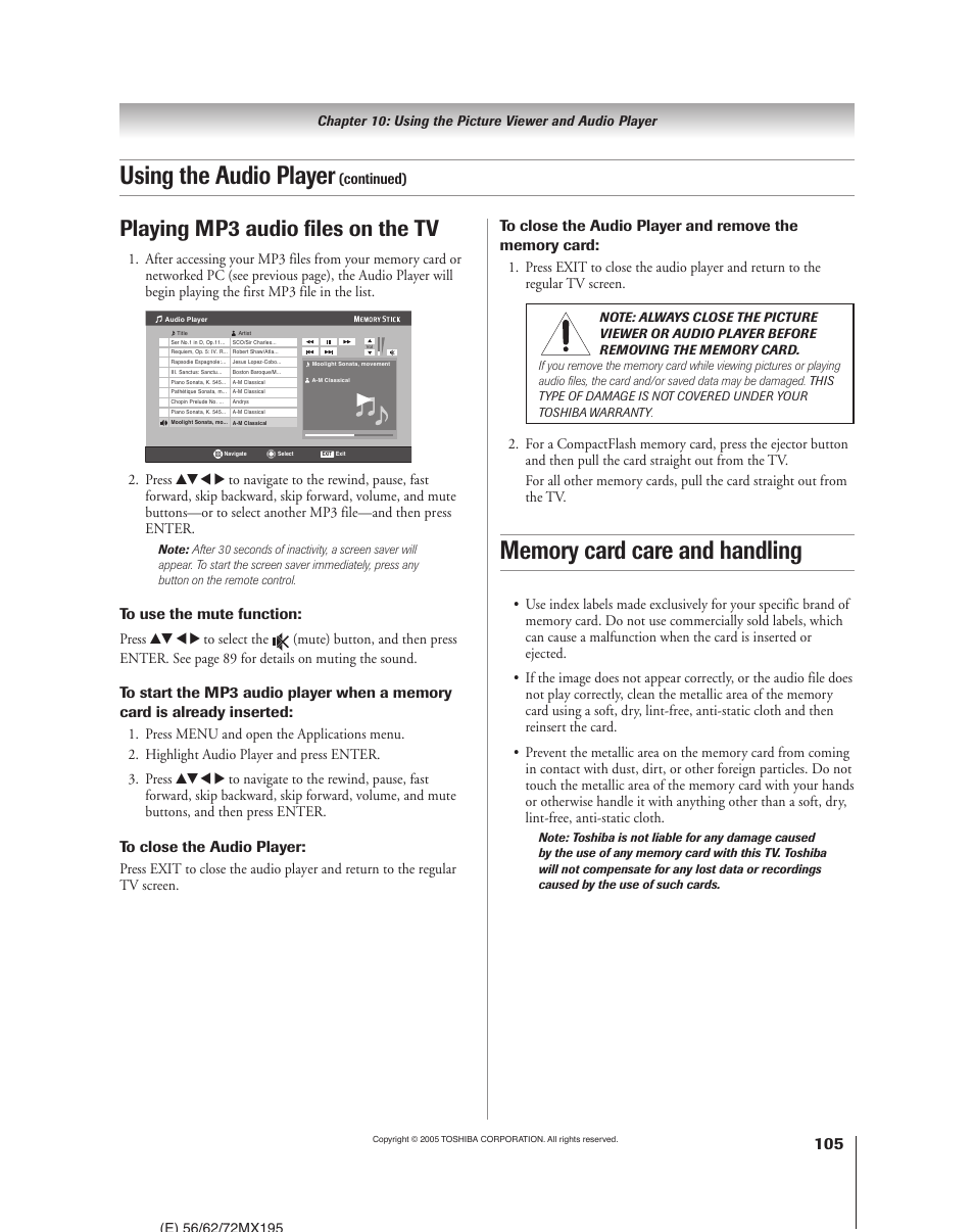 Using the audio player, Playing mp3 audio files on the tv, Continued) | Toshiba 62MX195 User Manual | Page 105 / 136