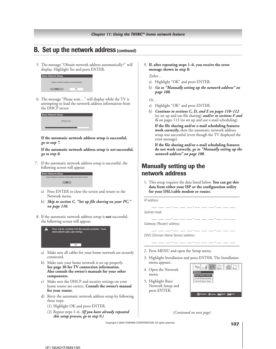 B. set up the network address, Manually setting up the network address | Toshiba 62MX195 User Manual | Page 107 / 136