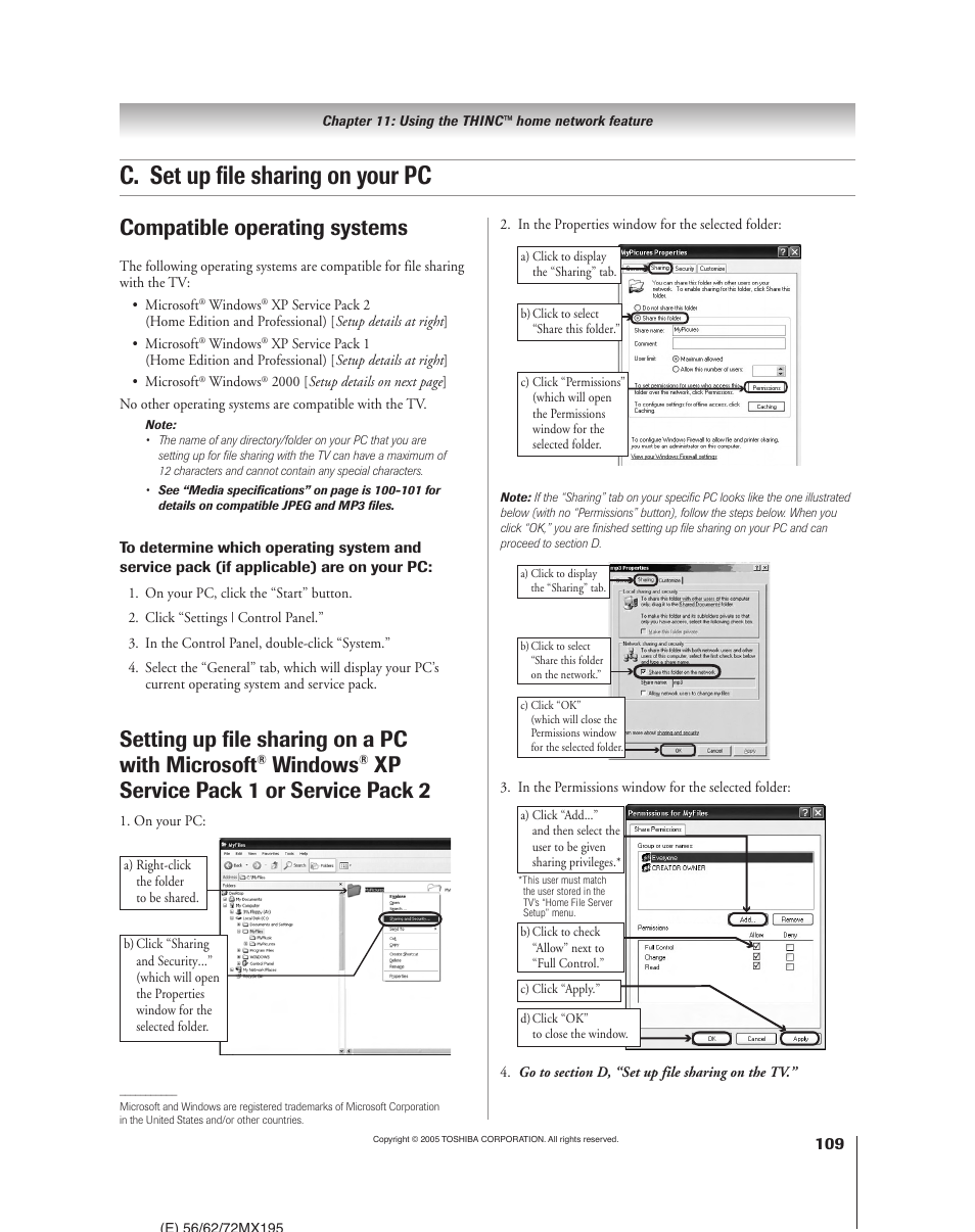 C. set up file sharing on your pc, Compatible operating systems, Setting up file sharing on a pc with microsoft | Windows, Xp service pack 1 or service pack 2 | Toshiba 62MX195 User Manual | Page 109 / 136