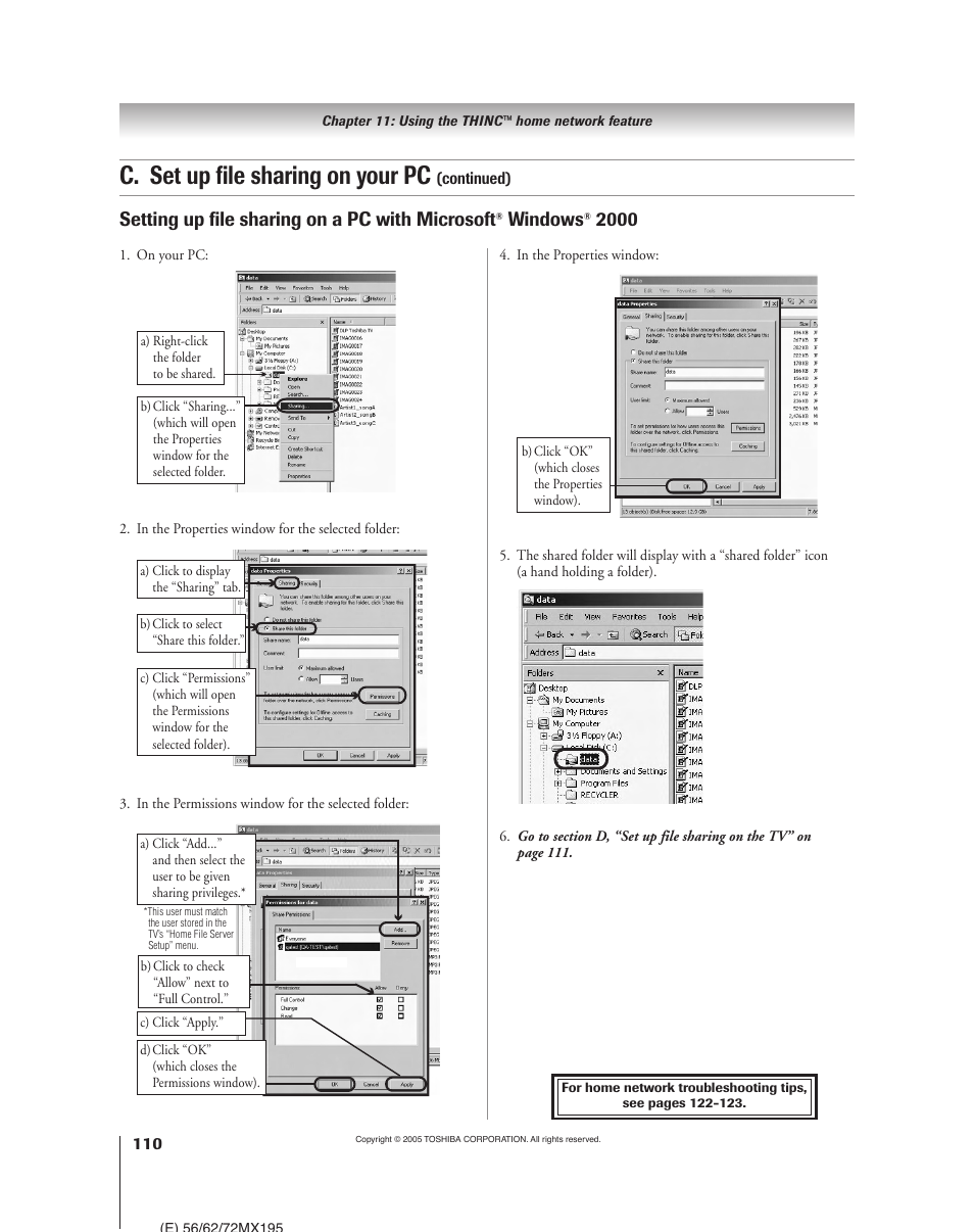 C. set up file sharing on your pc, Setting up file sharing on a pc with microsoft, Windows | Toshiba 62MX195 User Manual | Page 110 / 136