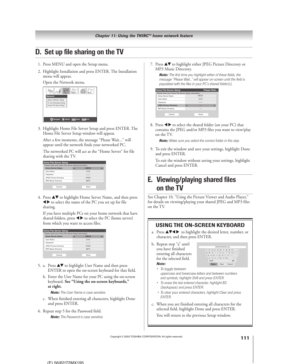 D. set up file sharing on the tv, E. viewing/playing shared files on the tv, Using the on-screen keyboard | Chapter 11: using the thinc™ home network feature | Toshiba 62MX195 User Manual | Page 111 / 136