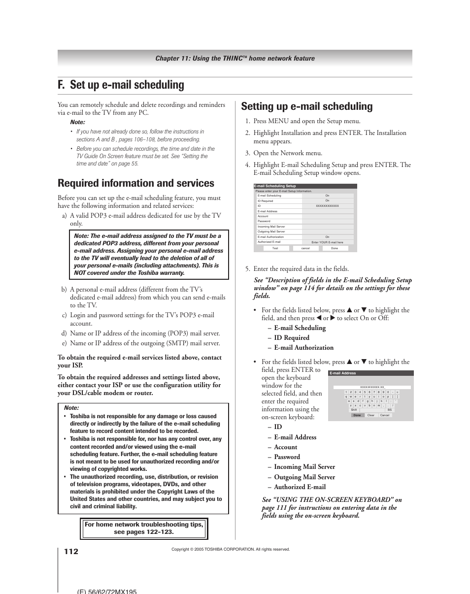 F. set up e-mail scheduling, Required information and services, Setting up e-mail scheduling | Toshiba 62MX195 User Manual | Page 112 / 136