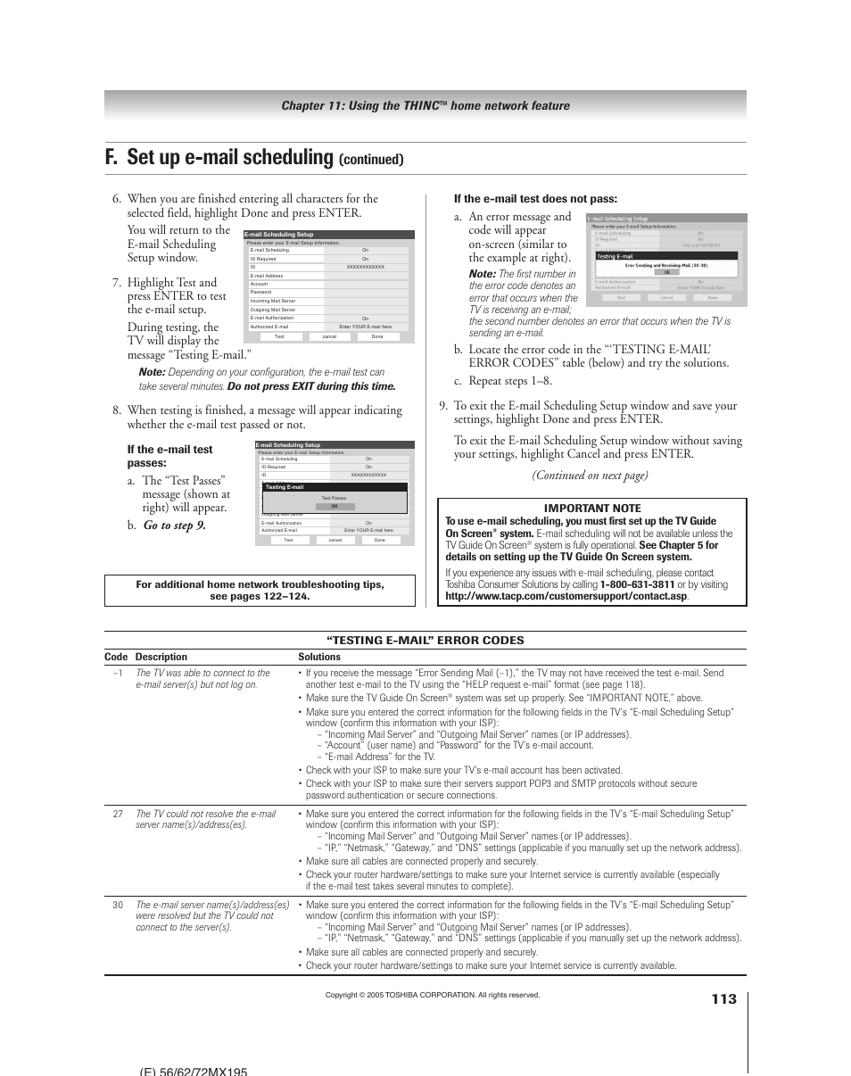 F. set up e-mail scheduling, Continued), If the e-mail test passes | If the e-mail test does not pass | Toshiba 62MX195 User Manual | Page 113 / 136