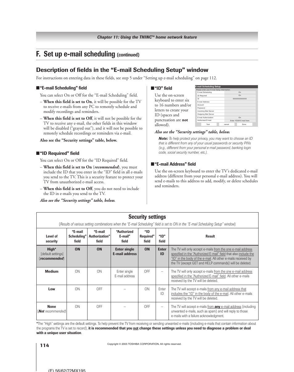 F. set up e-mail scheduling, Security settings, Continued) | E-mail scheduling” field, Id required” field, Id” field, E-mail address” field | Toshiba 62MX195 User Manual | Page 114 / 136