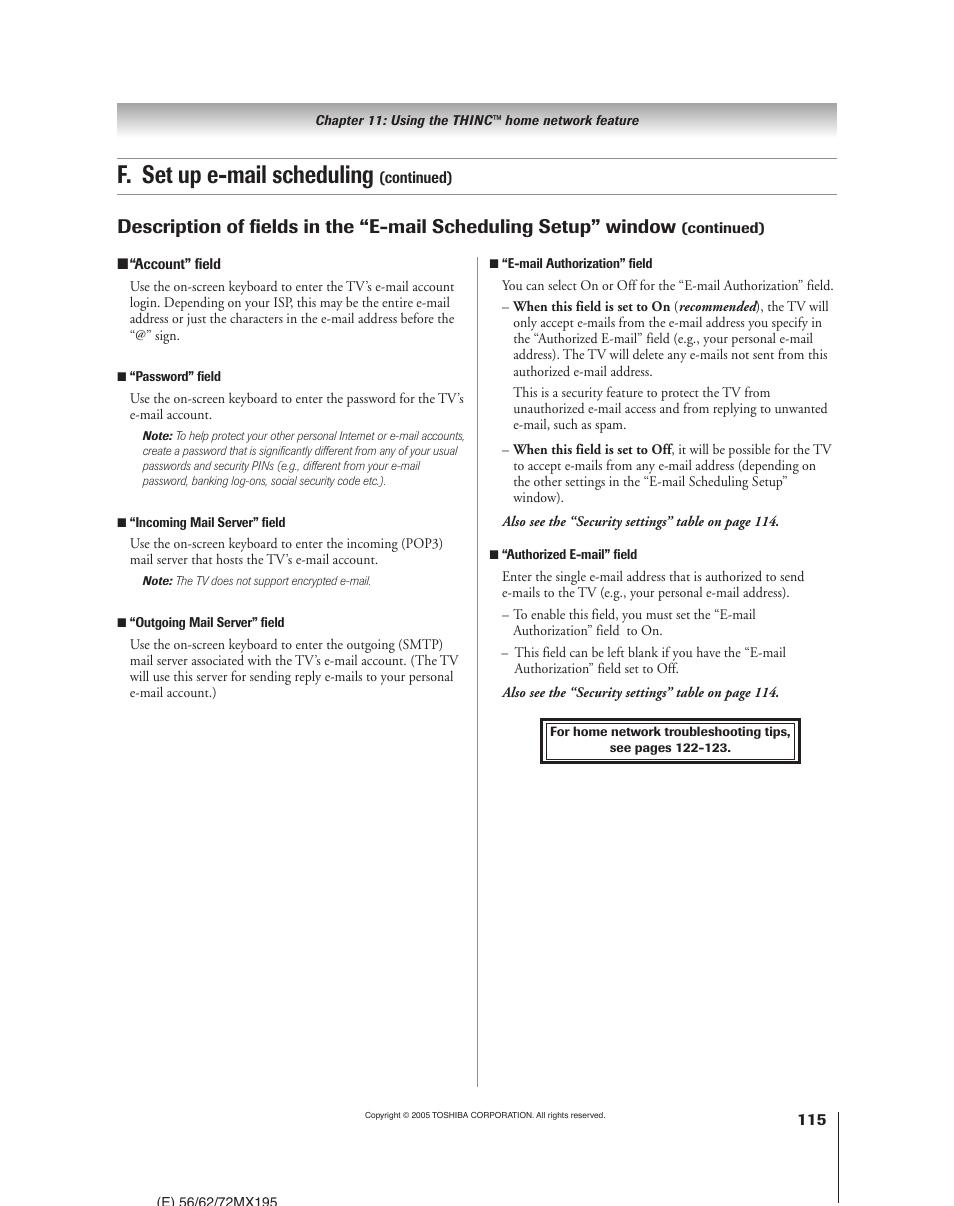 F. set up e-mail scheduling | Toshiba 62MX195 User Manual | Page 115 / 136