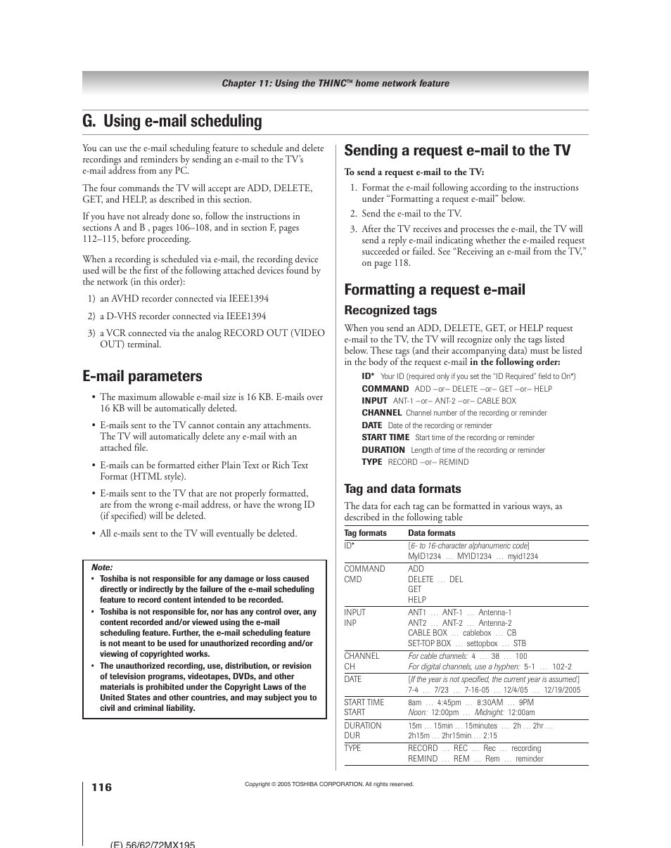 G. using e-mail scheduling, Formatting a request e-mail, E-mail parameters | Sending a request e-mail to the tv, Recognized tags, Tag and data formats | Toshiba 62MX195 User Manual | Page 116 / 136