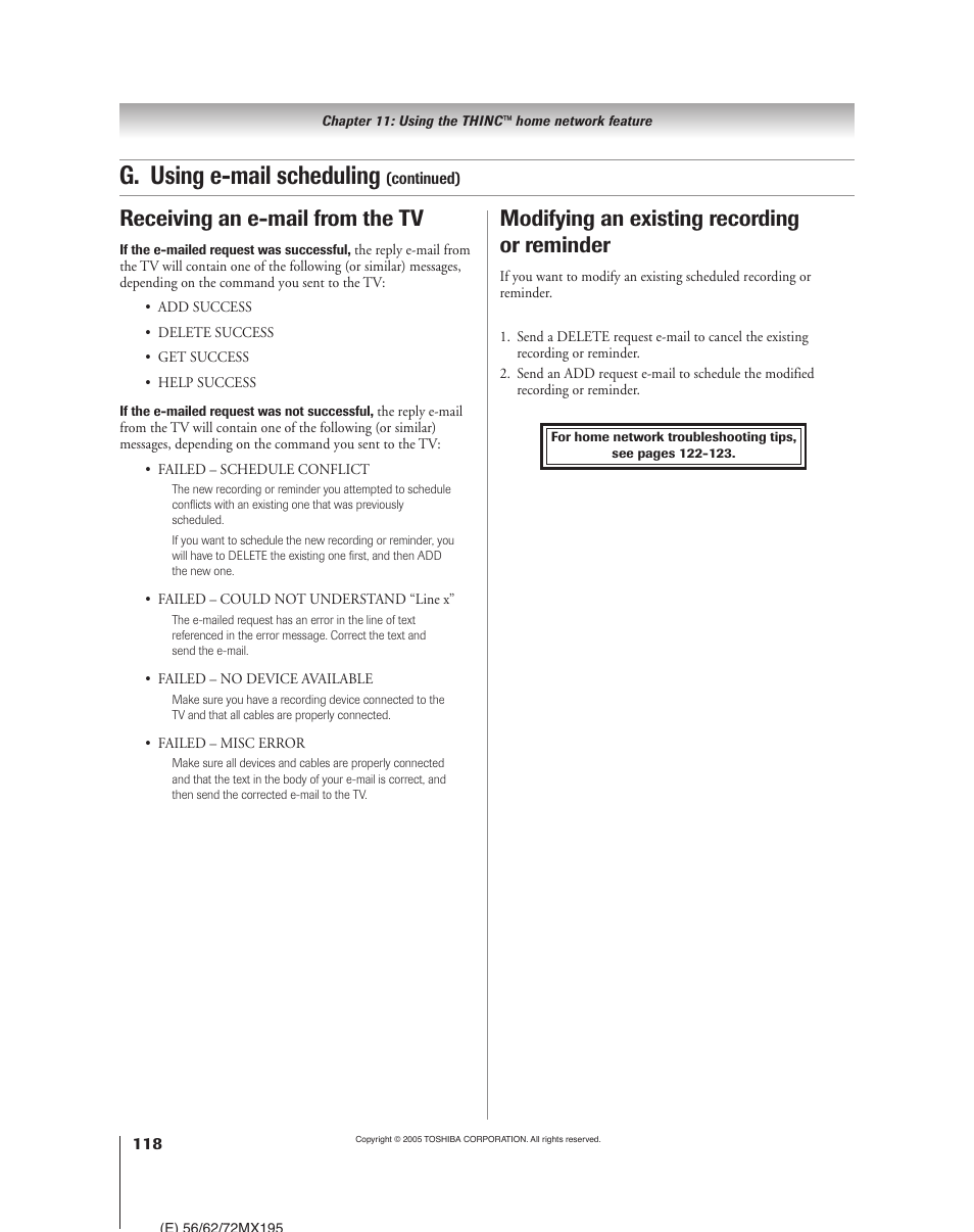 G. using e-mail scheduling, Receiving an e-mail from the tv, Modifying an existing recording or reminder | Toshiba 62MX195 User Manual | Page 118 / 136