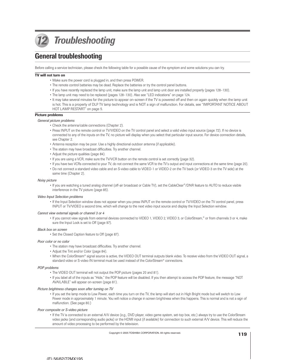 Troubleshooting, General troubleshooting | Toshiba 62MX195 User Manual | Page 119 / 136