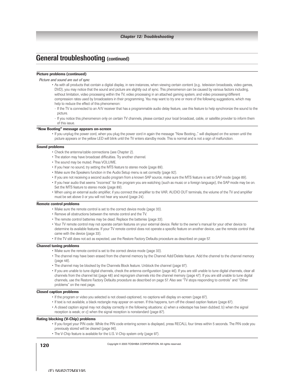 General troubleshooting, Continued) | Toshiba 62MX195 User Manual | Page 120 / 136