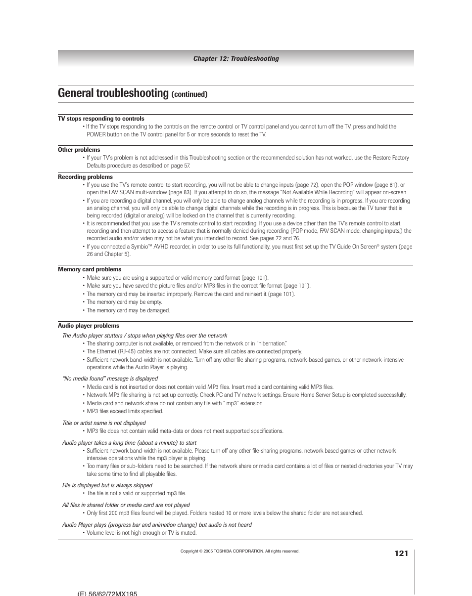 General troubleshooting, Continued) | Toshiba 62MX195 User Manual | Page 121 / 136