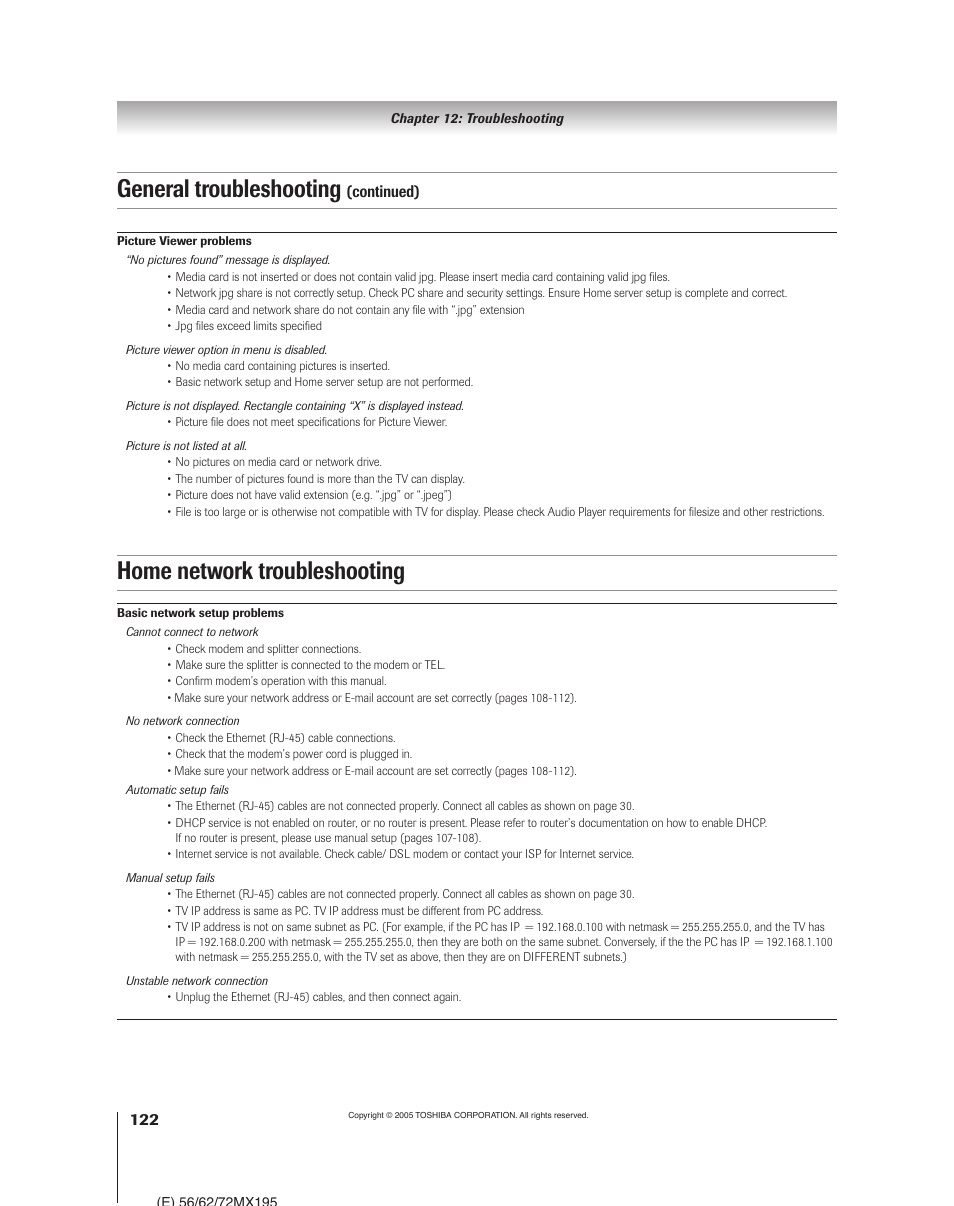 General troubleshooting, Home network troubleshooting | Toshiba 62MX195 User Manual | Page 122 / 136