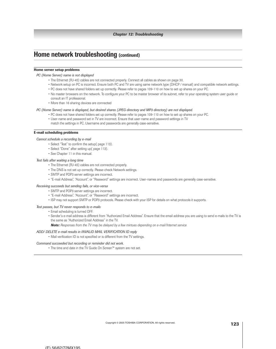 Home network troubleshooting | Toshiba 62MX195 User Manual | Page 123 / 136