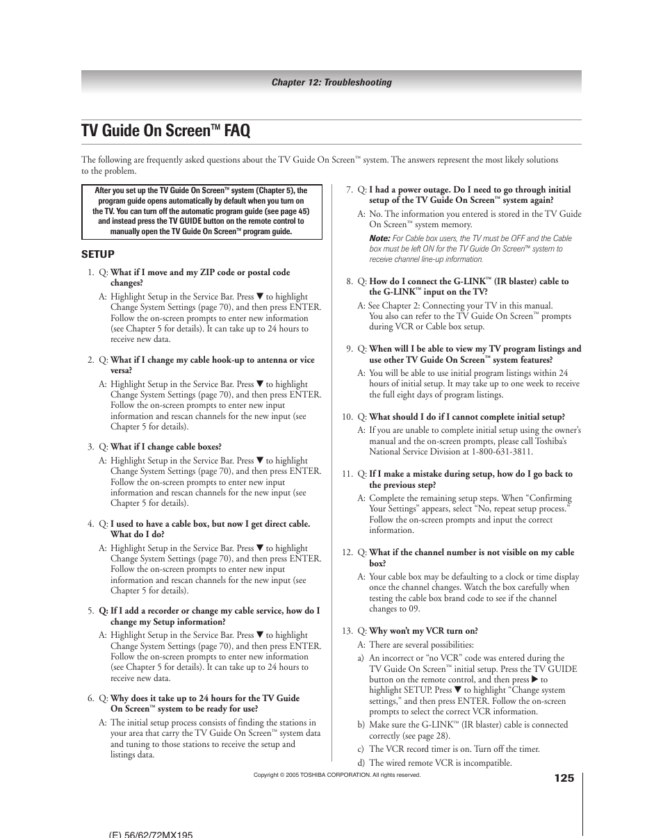 Tv guide on screen™ faq | Toshiba 62MX195 User Manual | Page 125 / 136