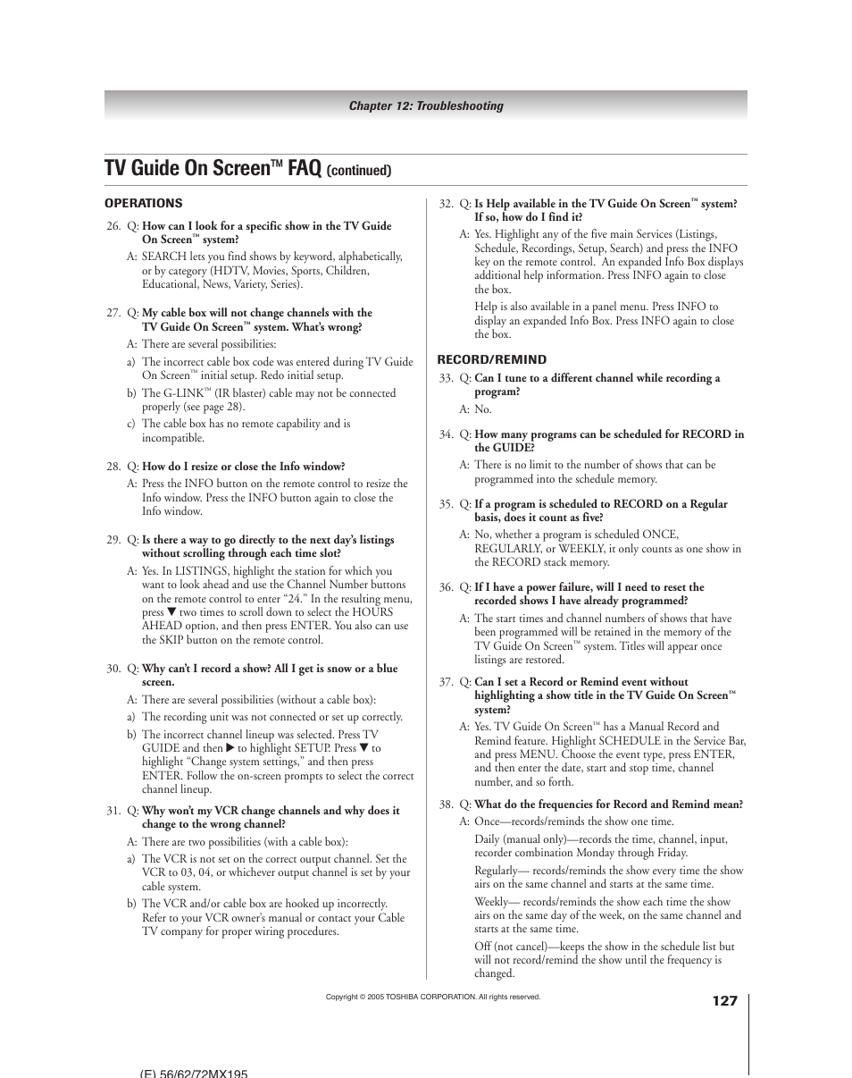 Tv guide on screen™ faq | Toshiba 62MX195 User Manual | Page 127 / 136