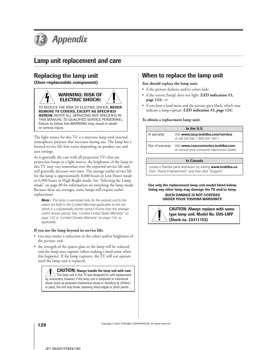 Appendix, Lamp unit replacement and care, When to replace the lamp unit | Replacing the lamp unit | Toshiba 62MX195 User Manual | Page 128 / 136