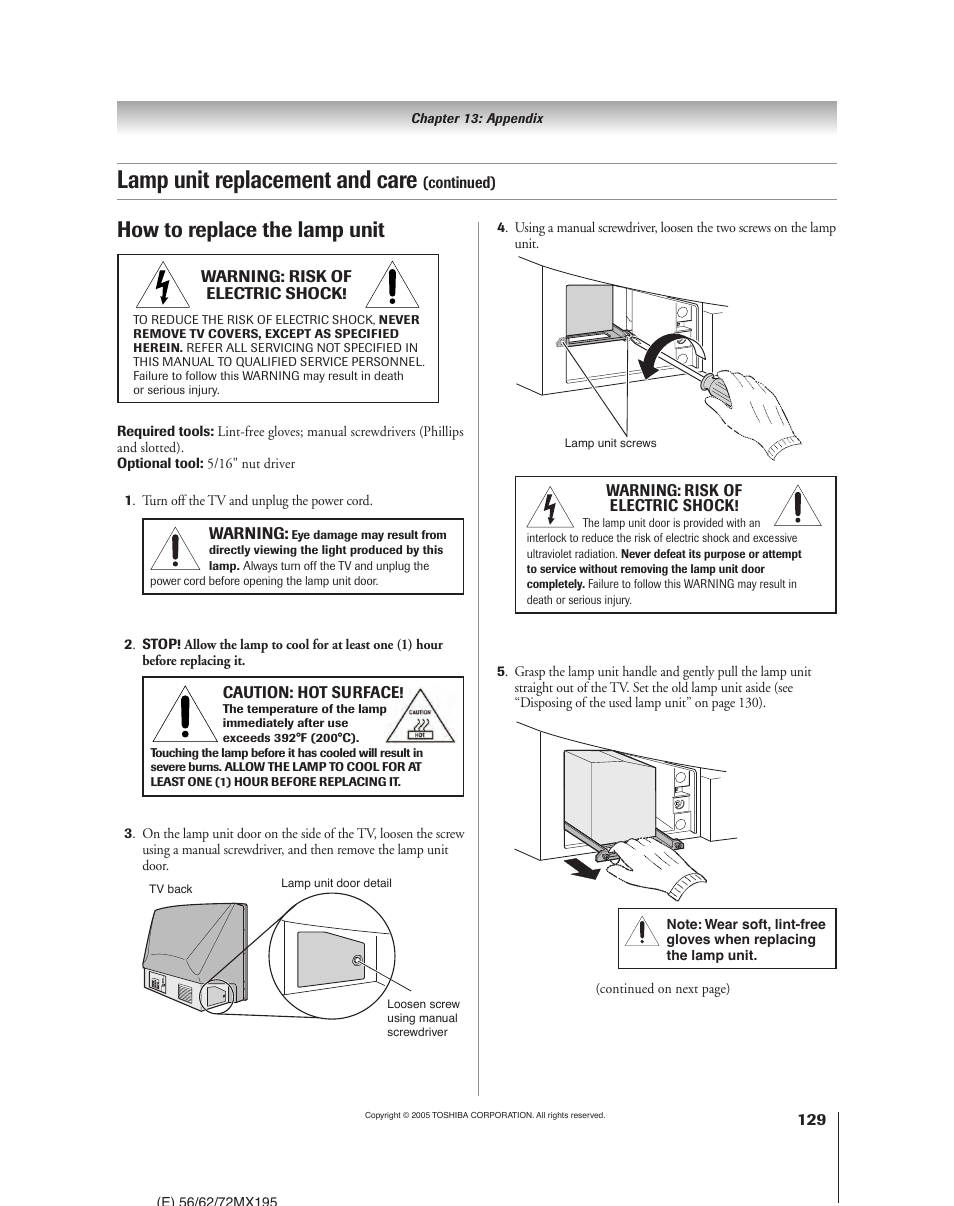 Lamp unit replacement and care, How to replace the lamp unit | Toshiba 62MX195 User Manual | Page 129 / 136