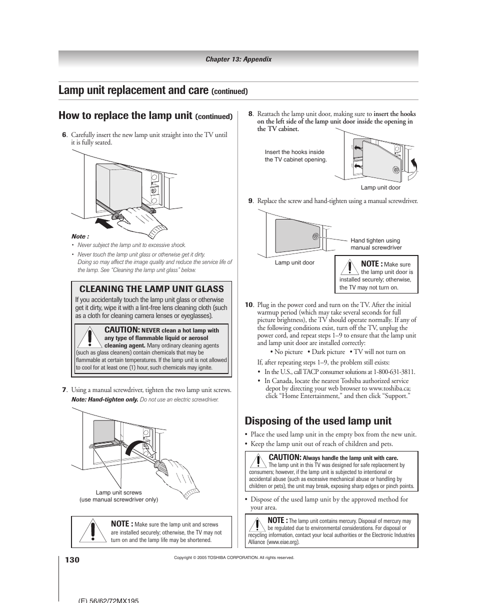 Lamp unit replacement and care, Disposing of the used lamp unit, How to replace the lamp unit | Cleaning the lamp unit glass | Toshiba 62MX195 User Manual | Page 130 / 136