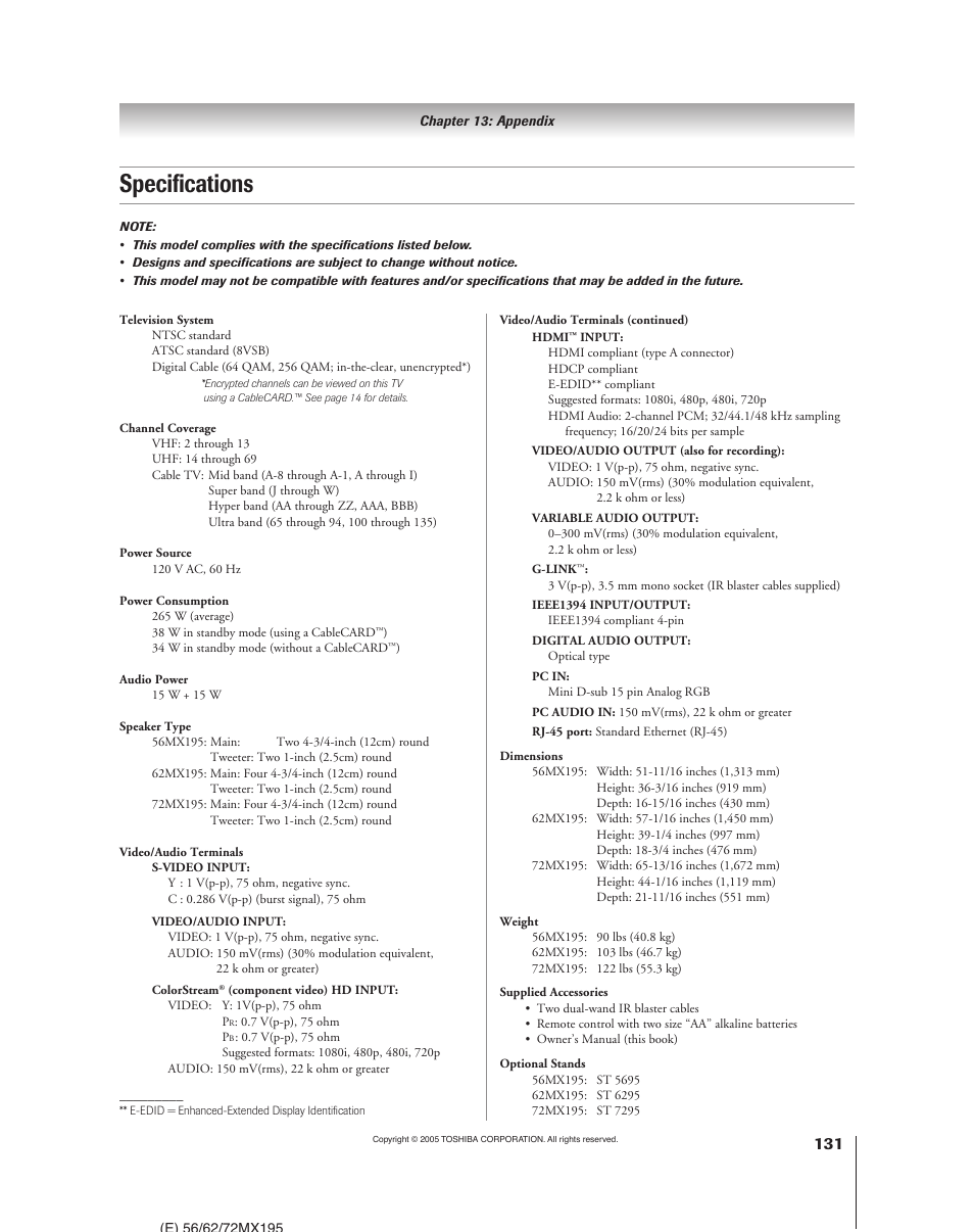 Specifications | Toshiba 62MX195 User Manual | Page 131 / 136