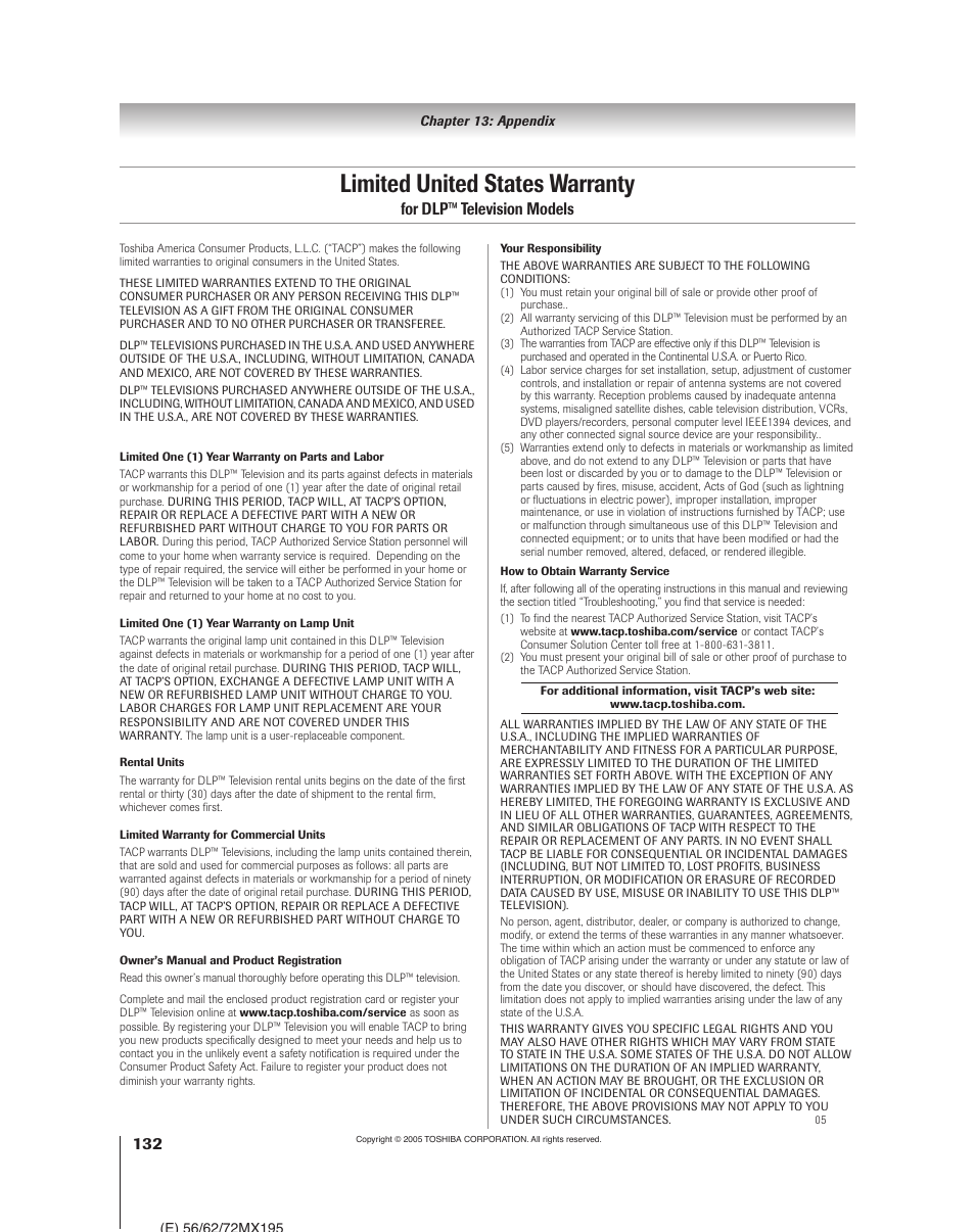 Limited united states warranty, For dlp™ television models | Toshiba 62MX195 User Manual | Page 132 / 136