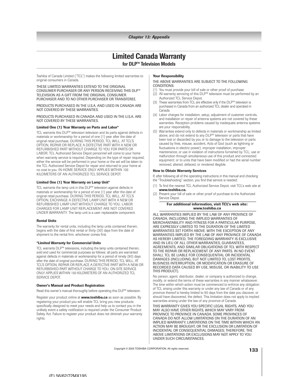 Limited canada warranty, For dlp™ television models | Toshiba 62MX195 User Manual | Page 133 / 136