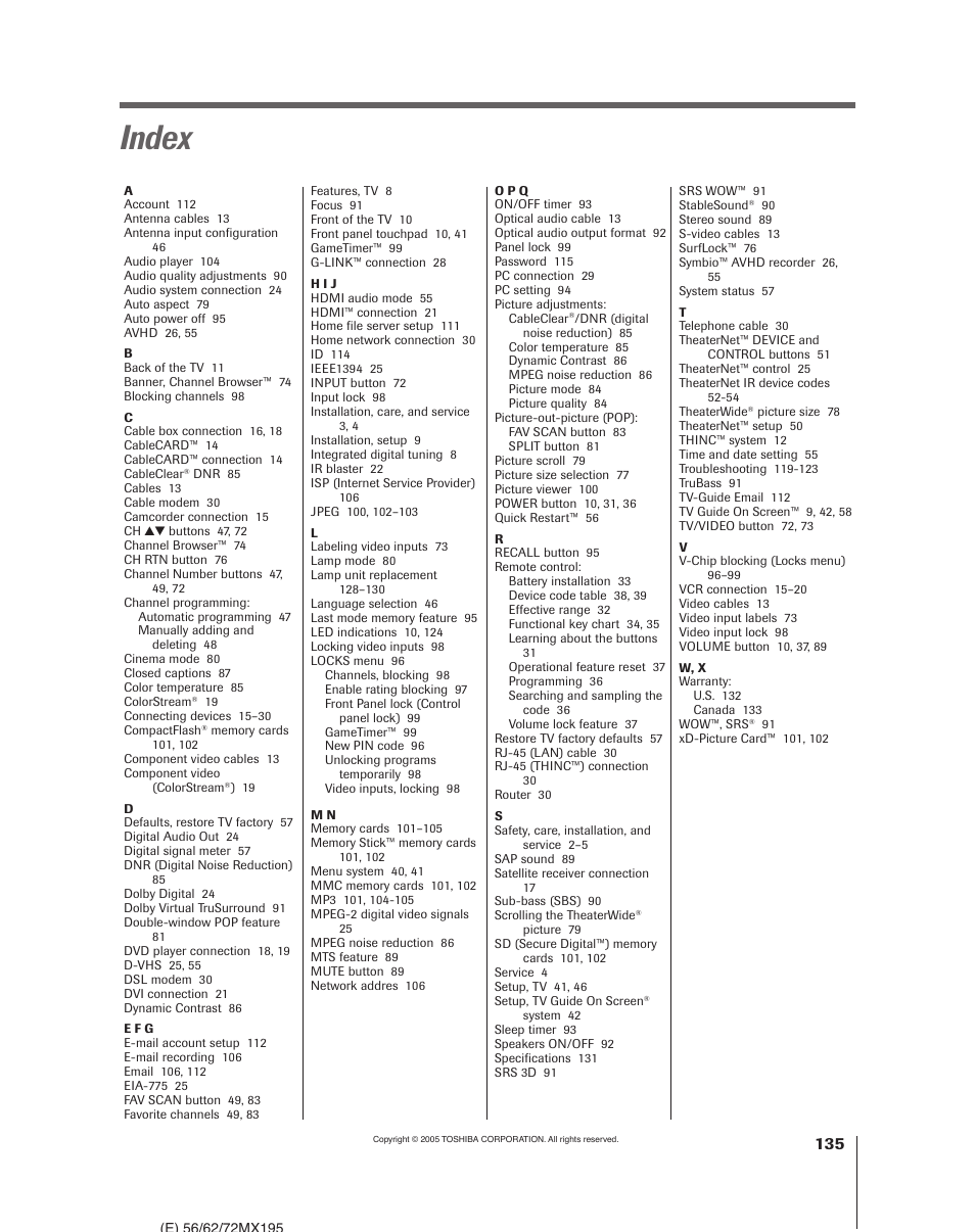 Index | Toshiba 62MX195 User Manual | Page 135 / 136