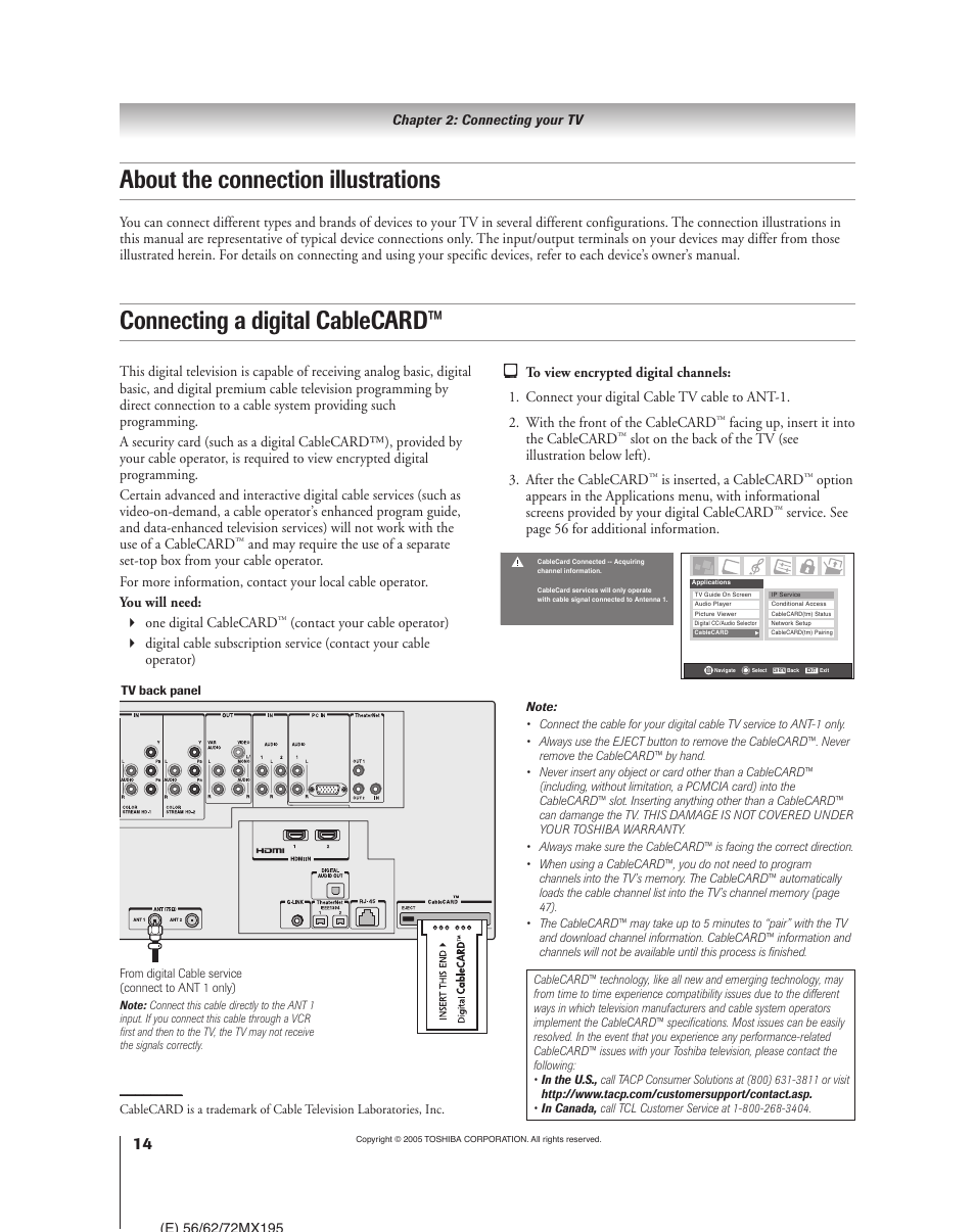 About the connection illustrations, Connecting a digital cablecard | Toshiba 62MX195 User Manual | Page 14 / 136