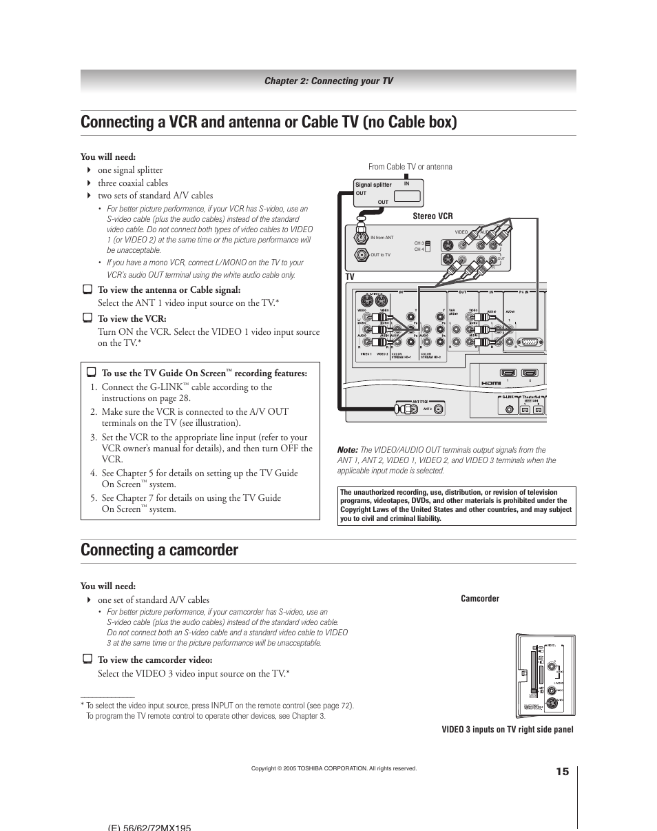 Connecting a camcorder | Toshiba 62MX195 User Manual | Page 15 / 136