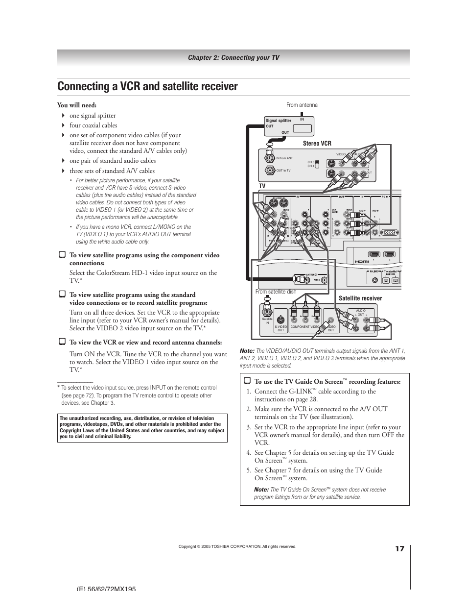 Connecting a vcr and satellite receiver, Recording features: 1. connect the g-link, System | Toshiba 62MX195 User Manual | Page 17 / 136