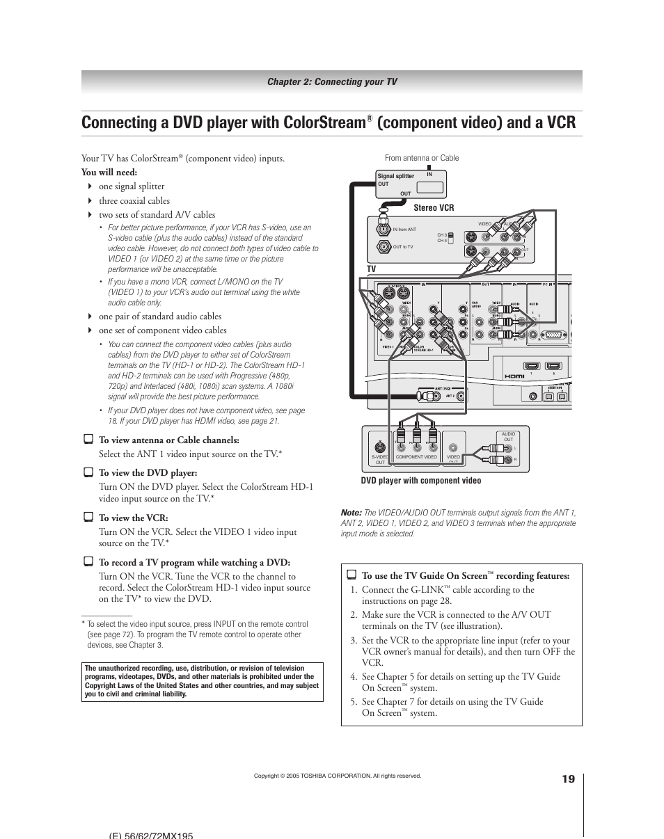 Connecting a dvd player with colorstream, Component video) and a vcr, Your tv has colorstream | Recording features: 1. connect the g-link, System | Toshiba 62MX195 User Manual | Page 19 / 136