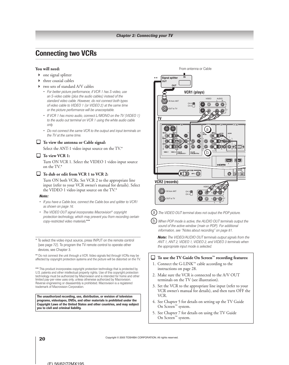 Connecting two vcrs | Toshiba 62MX195 User Manual | Page 20 / 136